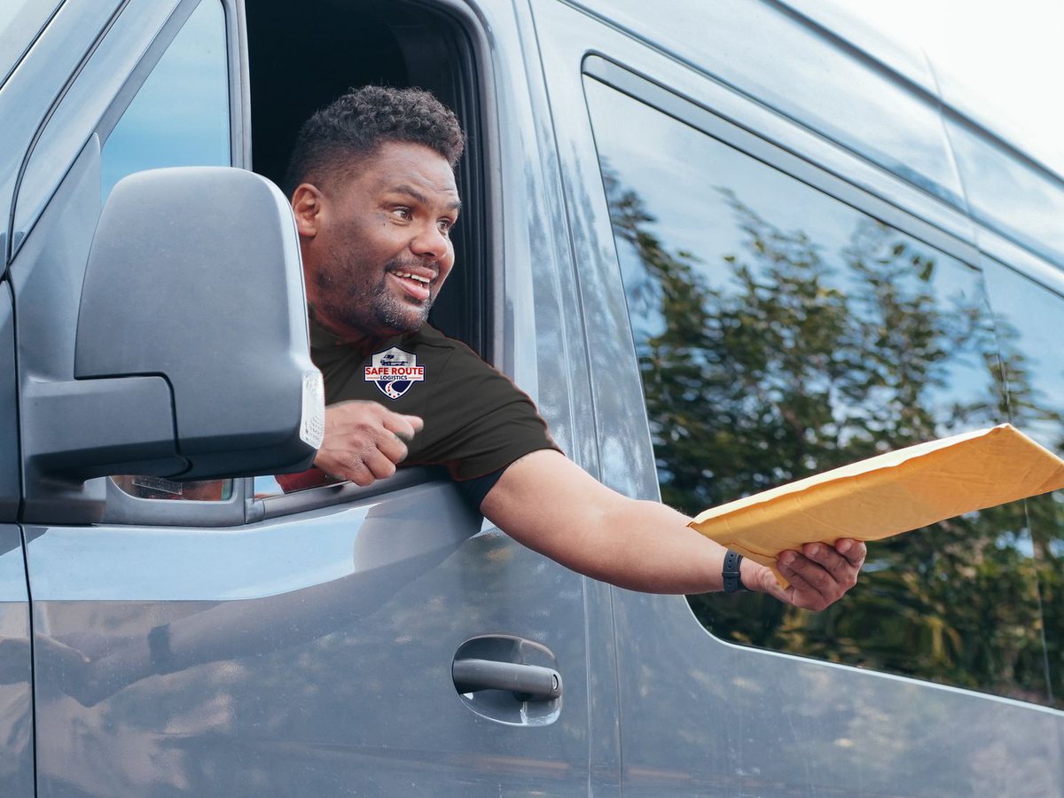 A Safe Route Logistics driver handing a parcel from a Sprinter van